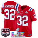 adult & youth NE Patriots 32 TreVeyon Henderson  Jersey Red 2026 Super Bowl LX and USA 250' Patch