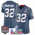 adult & youth NE Patriots 32 TreVeyon Henderson Jersey Blue 2026 Super Bowl LX and USA 250' Patch