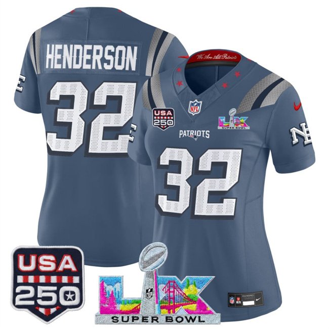 women's Patriots 32 TreVeyon Henderson Jersey Stitched Blue 2026 Super Bowl LX and USA 250' Patch