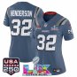 women's Patriots 32 TreVeyon Henderson Jersey Stitched Blue 2026 Super Bowl LX and USA 250' Patch