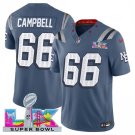 adult & youth,toddler NE Patriots 66 Will Campbell Jersey Stitched Blue 2026 Super Bowl LX Patch