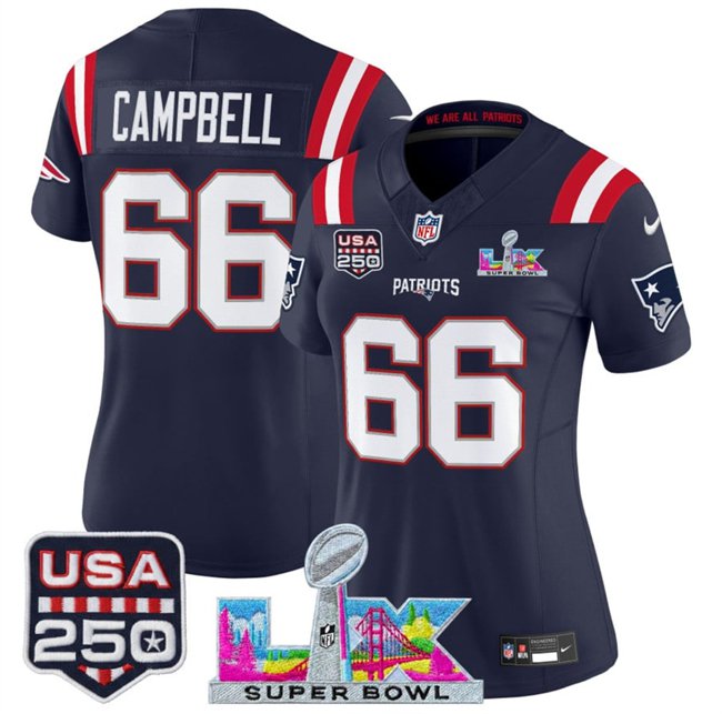 women's Patriots Uniform 66 Will Campbell Jersey Stitched Navy 2026 Super Bowl LX and USA 250' Patch