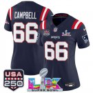 women's Patriots Uniform 66 Will Campbell Jersey Stitched Navy 2026 Super Bowl LX and USA 250' Patch