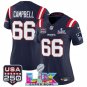 women's Patriots Uniform 66 Will Campbell Jersey Stitched Navy 2026 Super Bowl LX and USA 250' Patch