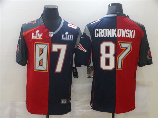adult Buccaneers & Patriots 87 Rob Gronkowski Jersey Stitched Split Red/Navy Super Bowl LV/LIII