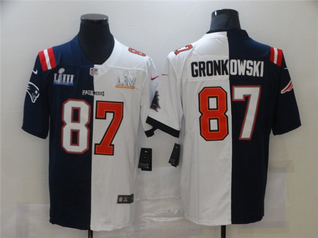 adult Patriots & Buccaneers 87 Rob Gronkowski Jersey Stitched Split Navy/White Super Bowl LIII/LV