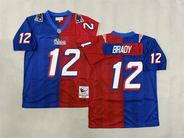 adult NE Patriots Uniform 12 Tom Brady Jersey Stitched Royal/Red Split Two Tone Throwback Shirt