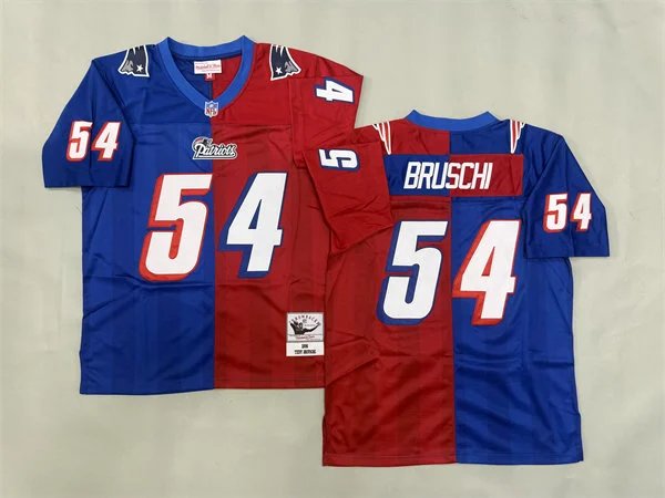 adult NE Patriots Uniform 54 Tedy Bruschi Jersey Stitched Royal/Red Split Two Tone Throwback Shirt