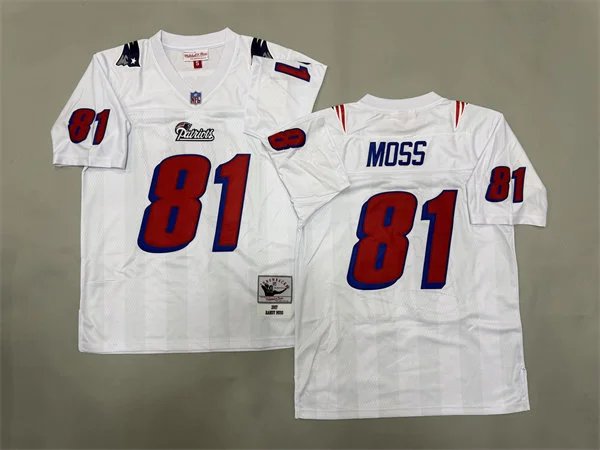 adult NE Patriots Uniform 81 Randy Moss Jersey Stitched Activewear White M&N Throwback Mesh Shirt
