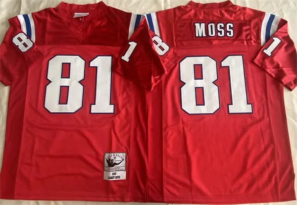 adult NE Patriots Uniform 81 Randy Moss Jersey Stitched Activewear Red M&N Throwback Mesh Shirt