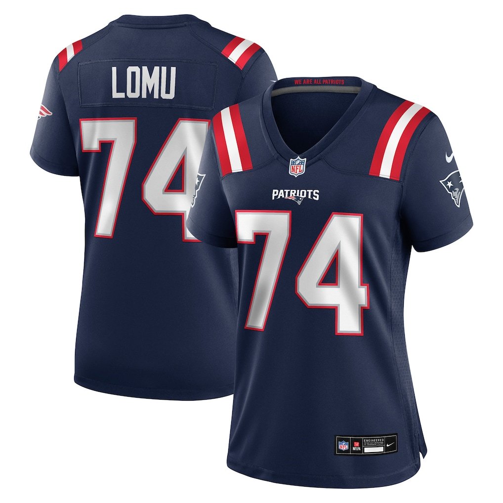 women's New England Patriots Uniform 74 Caleb Lomu Jersey Stitched Activewear Navy Shirt