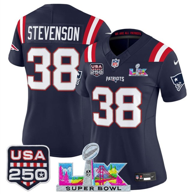 women's Patriots 38 Rhamondre Stevenson Jersey Stitched Navy 2026 Super Bowl LX and USA 250' Patch