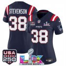 women's Patriots 38 Rhamondre Stevenson Jersey Stitched Navy 2026 Super Bowl LX and USA 250' Patch