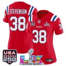 women's Patriots 38 Rhamondre Stevenson Jersey Stitched Red 2026 Super Bowl LX and USA 250' Patch