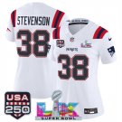 women's Patriots 38 Rhamondre Stevenson Jersey Stitched White 2026 Super Bowl LX and USA 250' Patch