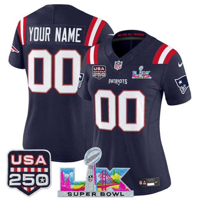 women's Patriots 00 Custom name number Jersey Stitched Navy 2026 Super Bowl LX and USA 250' Patch