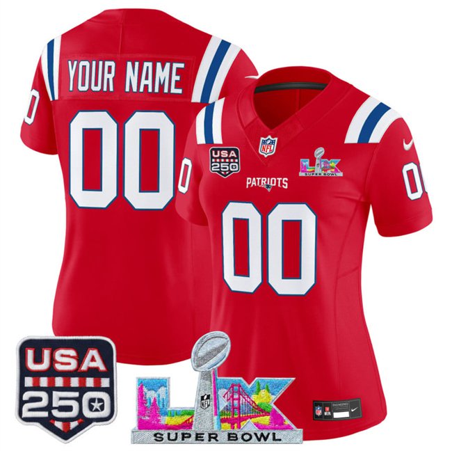 women's Patriots 00 Custom name number Jersey Stitched Red 2026 Super Bowl LX and USA 250' Patch