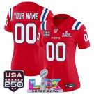 women's Patriots 00 Custom name number Jersey Stitched Red 2026 Super Bowl LX and USA 250' Patch