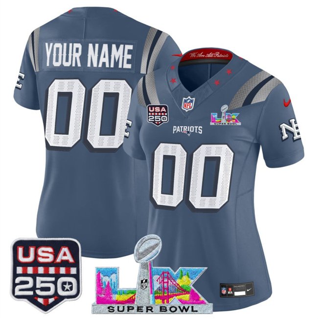 women's Patriots 00 Custom name number Jersey Stitched Blue 2026 Super Bowl LX and USA 250' Patch