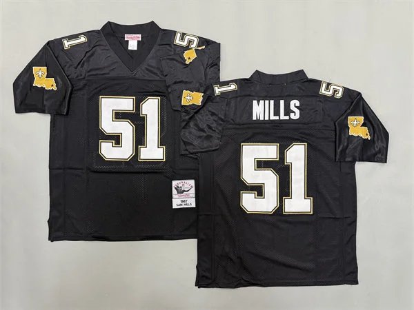 adult New Orleans Saints Uniform 51 Sam Mills Jersey Stitched Black M&N Throwback Mesh Activewear