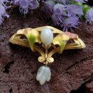Antique Art Nouveau 14k Gold Pearl Enamel Flower Brooch Pin-Art Nouveau Jewelry