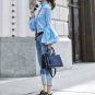Women's Long Wide Lantern Sleeve Blue High Neck Button Down Blouse - Vintage Chi