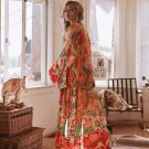 Women's Patchwork Maxi Kimono Cardigan Floral Flare Sleeve, Belt- Casual, Loose