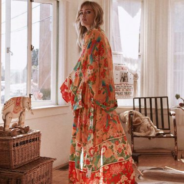 Women's Patchwork Maxi Kimono Cardigan Floral Flare Sleeve, Belt- Casual, Loose