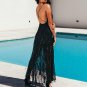 ~Lola Fringe Deep V-Neck Sequin Maxi Flow Dress Black & Champagne- Sexy Elegance