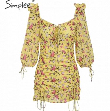 Simplee "Canary" Boho Floral Bardot Dress Sexy Lace-up Yellow Chiffon Mini Dress