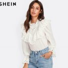 SHEIN Eyelet Embroidered Ruffle & Bell Cuff Blouse White Blouses Autumn Elegant