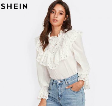 SHEIN Eyelet Embroidered Ruffle & Bell Cuff Blouse White Blouses Autumn Elegant