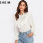 SHEIN Eyelet Embroidered Ruffle & Bell Cuff Blouse White Blouses Autumn Elegant