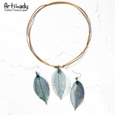 Artilady~ Natural Real Leaf Iridescent Pendant Necklace Earring Set- Unique Hand
