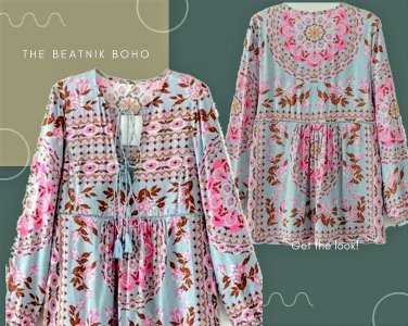 Boho Chic Vintage Floral Patchwork Blouse - Lantern Sleeve, V-Neck , Tassel Desi