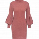 Simplee~ Mock Neck Lantern Sleeve Solid Sweater Midi-dress Casual Chic