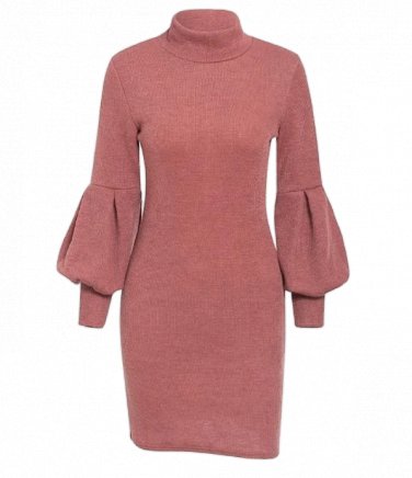Simplee~ Mock Neck Lantern Sleeve Solid Sweater Midi-dress Casual Chic