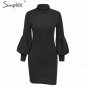 Simplee~ Mock Neck Lantern Sleeve Solid Sweater Midi-dress Casual Chic