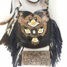 Jasmine Flower Carved Leather Crossbody Fringe Bag with Quill Accessories + Engraved Women Wallet