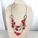 Triple Layer Beaded Necklace Red Silver Tone Beads Lobster Claw Clasp 21"