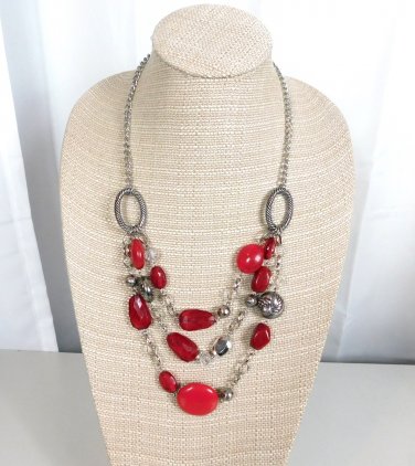 Triple Layer Beaded Necklace Red Silver Tone Beads Lobster Claw Clasp 21"