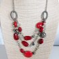 Triple Layer Beaded Necklace Red Silver Tone Beads Lobster Claw Clasp 21"