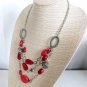 Triple Layer Beaded Necklace Red Silver Tone Beads Lobster Claw Clasp 21"