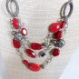 Triple Layer Beaded Necklace Red Silver Tone Beads Lobster Claw Clasp 21"
