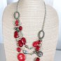 Triple Layer Beaded Necklace Red Silver Tone Beads Lobster Claw Clasp 21"
