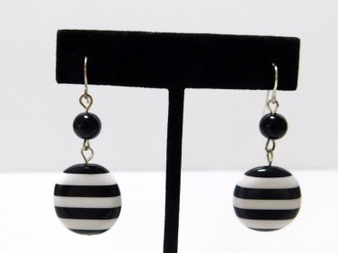 Black White Stripe Drop Dangle Black Beaded Fashion Earrings Women' Fish Hook