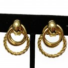 Gold Tone Earrings Interlocking Rings Braided Rope Door Knocker Pushback Closure