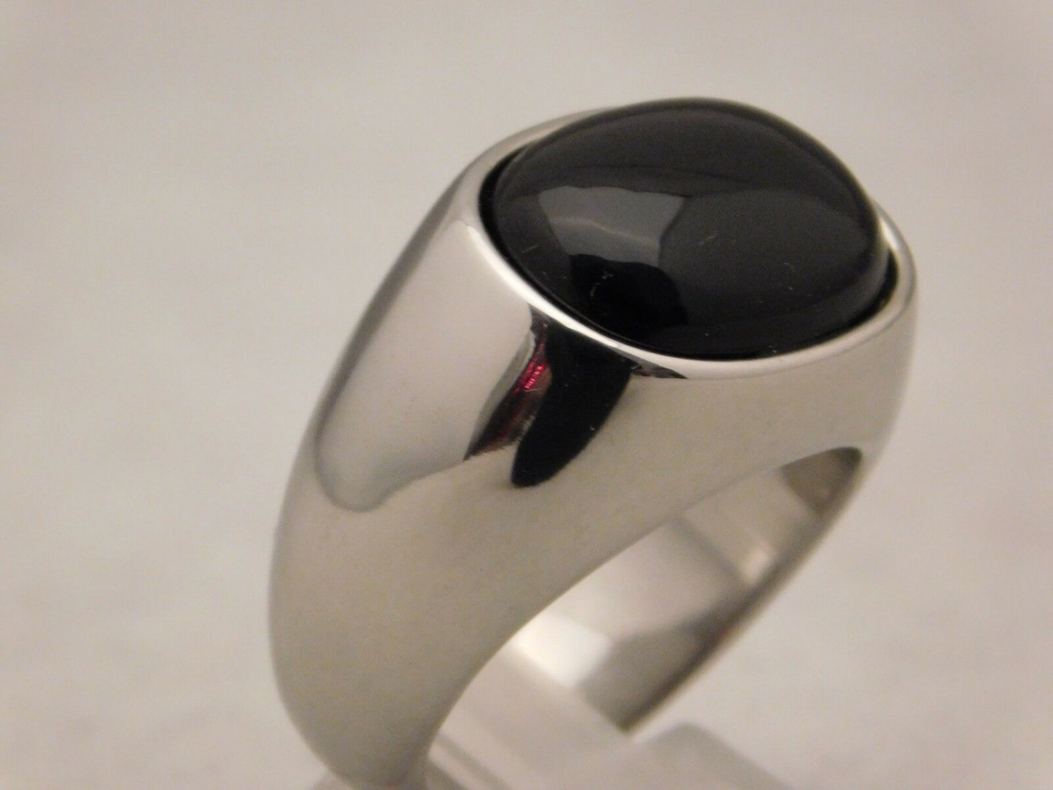 Black Onyx Mens Ring In Stylish Stainless Steel Setting....Size 11