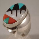 Zuni Inlay Turquoise Coral Jet and Mother of Pearl Huge Mens Ring....Size 10.5