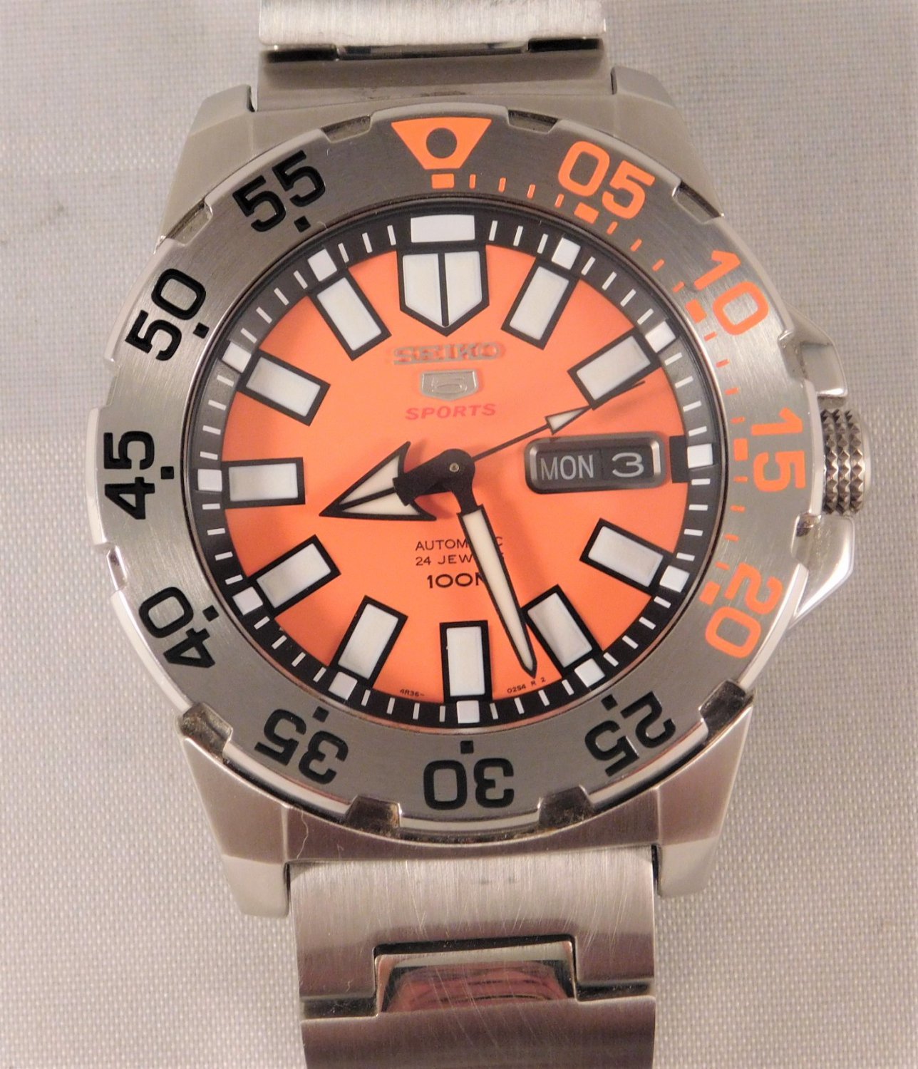 seiko baby monster automatic orange dial stainless steel men's watch srp483
